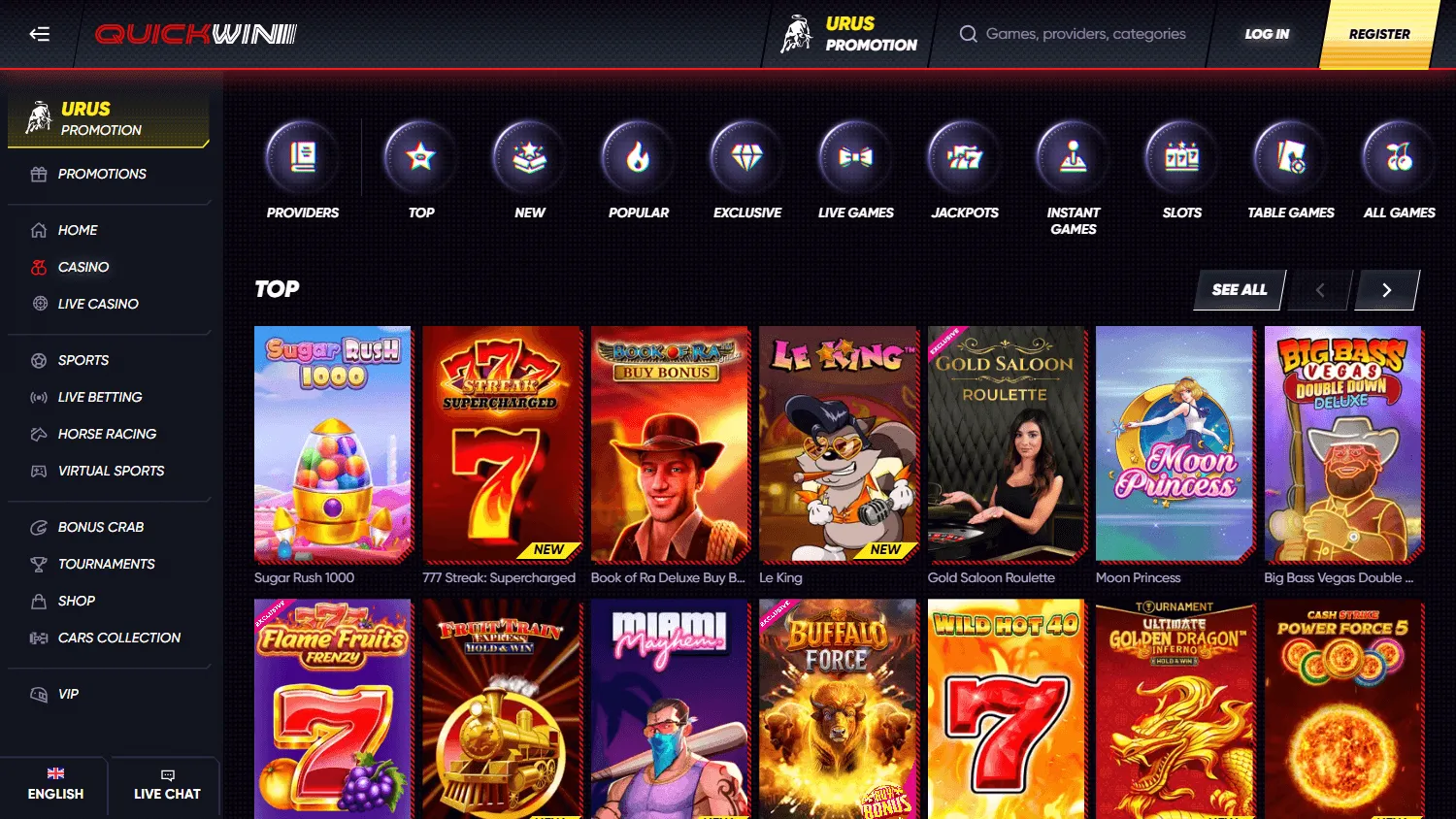 Quick Win Casino desktop games area with casino and live game choices