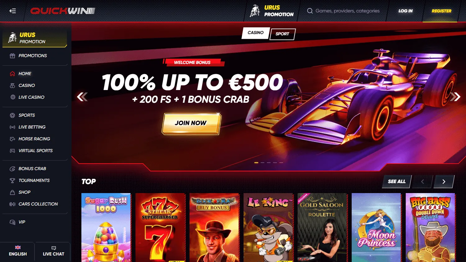 Quick Win Casino desktop home experience with the Australian welcome offer