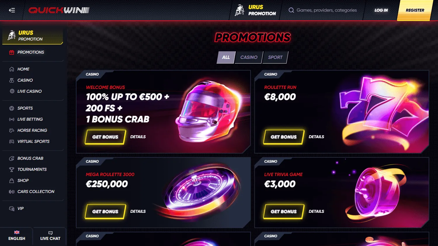 Quick Win Casino desktop promotions area with deposit bonuses and free spins