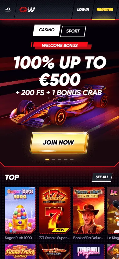 Quick Win Casino mobile browser home experience on a phone
