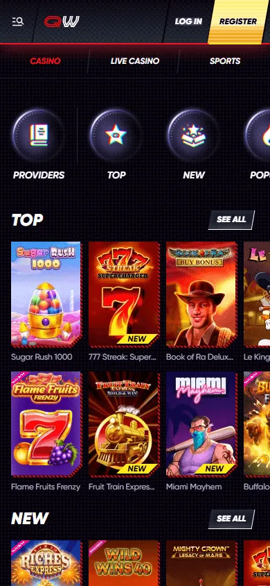 Quick Win Casino mobile browser games area on a phone