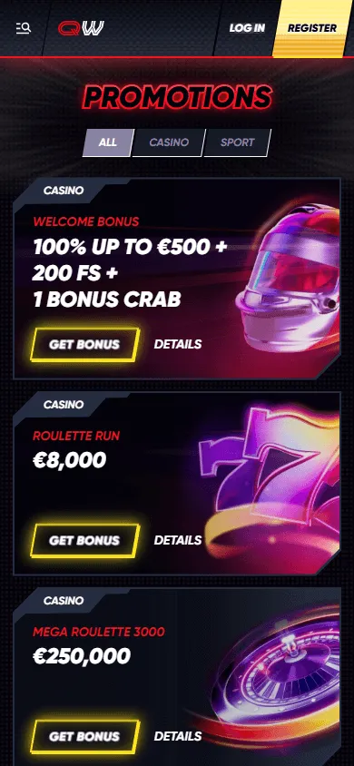 Quick Win Casino mobile browser promotions area on a phone